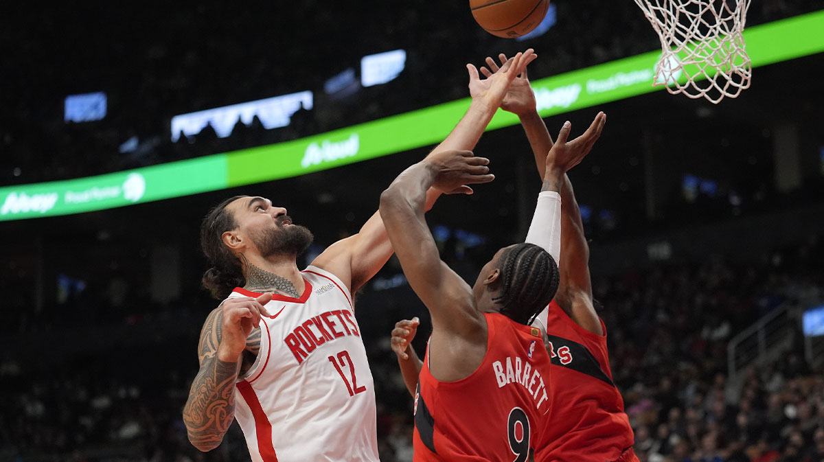 Rockets center Steven Adams rebounds vs. Raptors