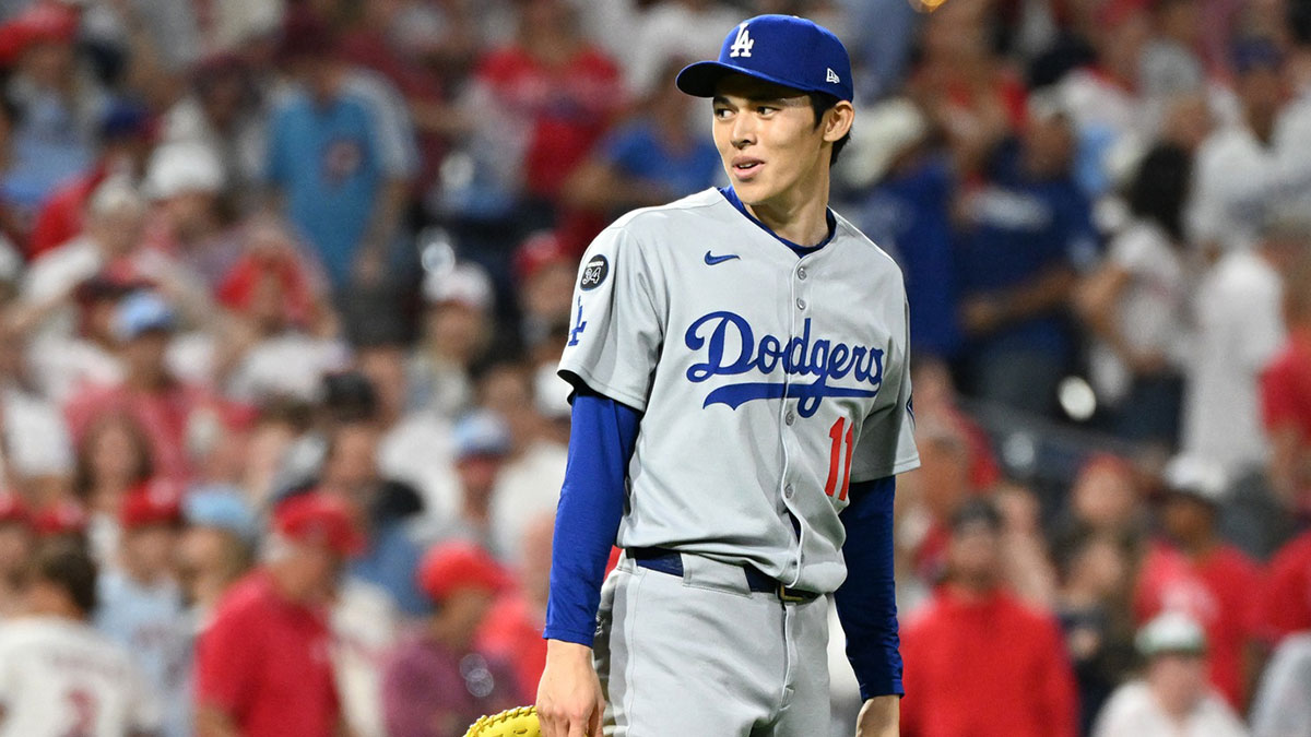 Los Angeles Dodgers pitcher Roki Sasaki (11) reacts to the final out of game two of the NLDS round against the Philadelphia Phillies for the 2025 MLB playoffs at Citizens Bank Park.