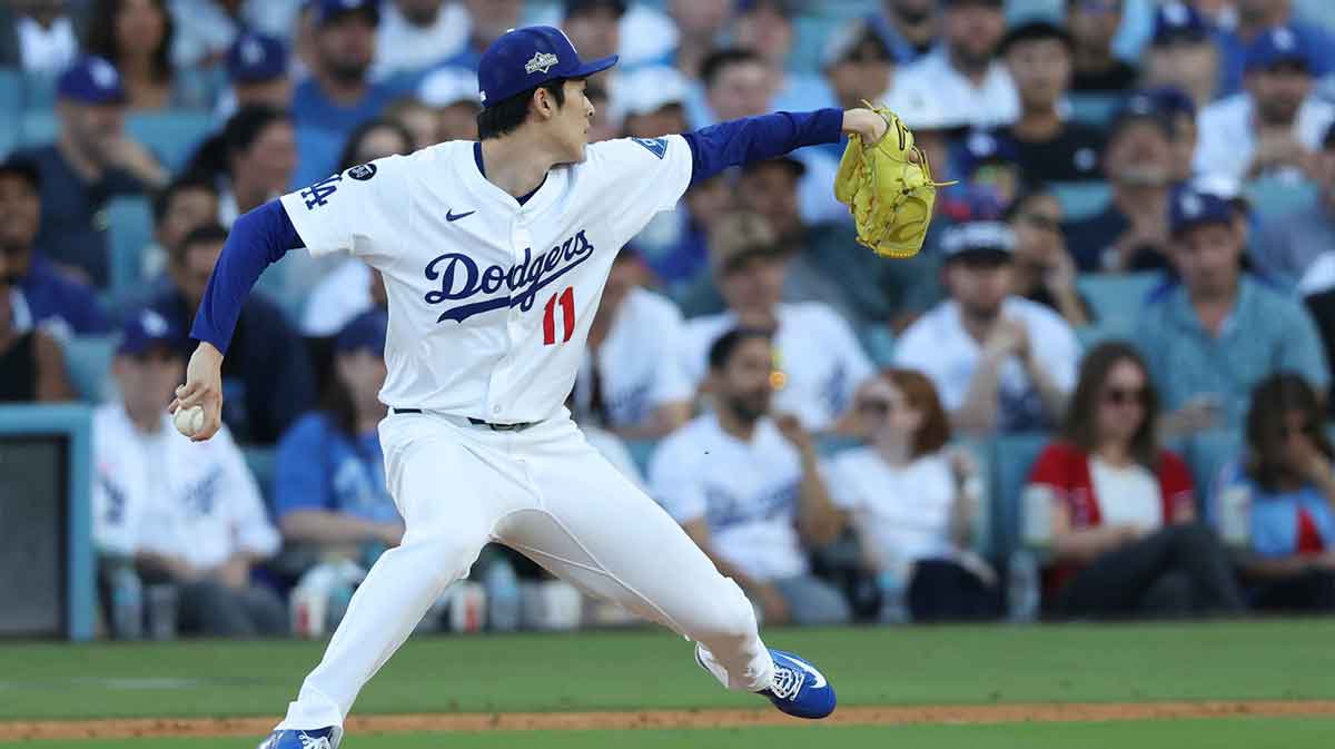 Los Angeles Dodgers pitcher Roki Sasaki (11) throws in the eighth inning against the Philadelphia Phillies during game four of the NLDS round for the 2025 MLB playoffs at Dodger Stadium.