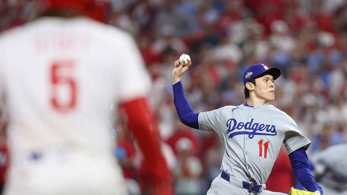 Los Angeles Dodgers pitcher Roki Sasaki (11) throws a pitch against the Philadelphia Phillies in the ninth inning during game two of the NLDS round for the 2025 MLB playoffs at Citizens Bank Park.