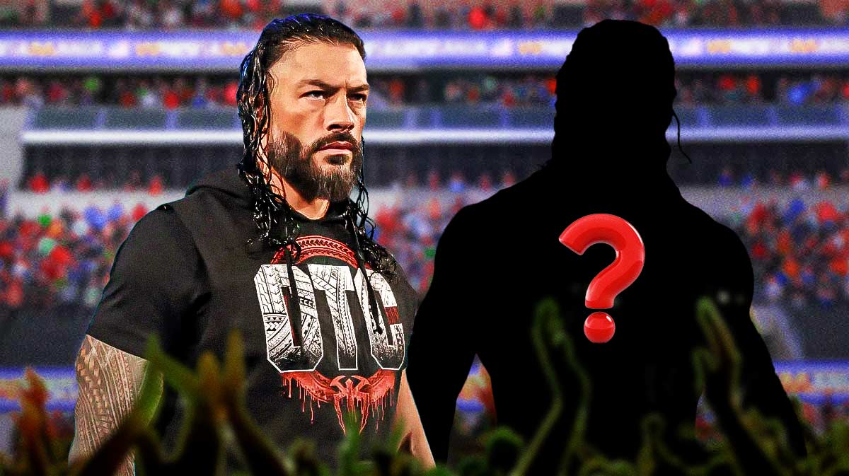 WWE star Roman Reigns next to a silhouette of Seth Rollins with a question mark on it.