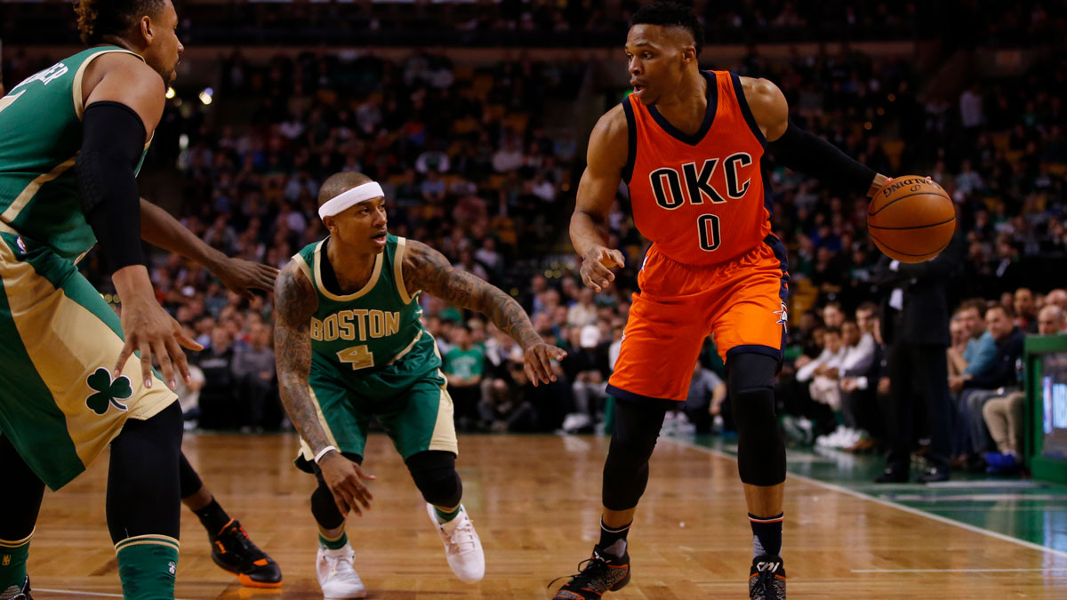 Mar 16, 2016; Boston, MA, USA; Oklahoma City Thunder guard Russell Westbrook (0) looks for an opening against Boston Celtics guard Isaiah Thomas (4) in the first half at TD Garden.