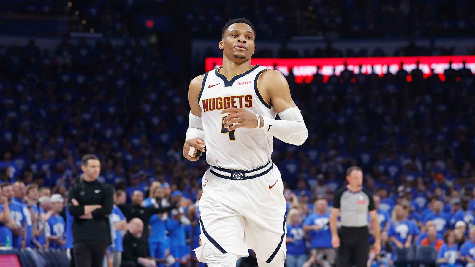 Denver Nuggets guard Russell Westbrook (4) runs down the court against the Oklahoma City Thunder in the second quarter during game seven of the second round for the 2025 NBA Playoffs at Paycom Center. 