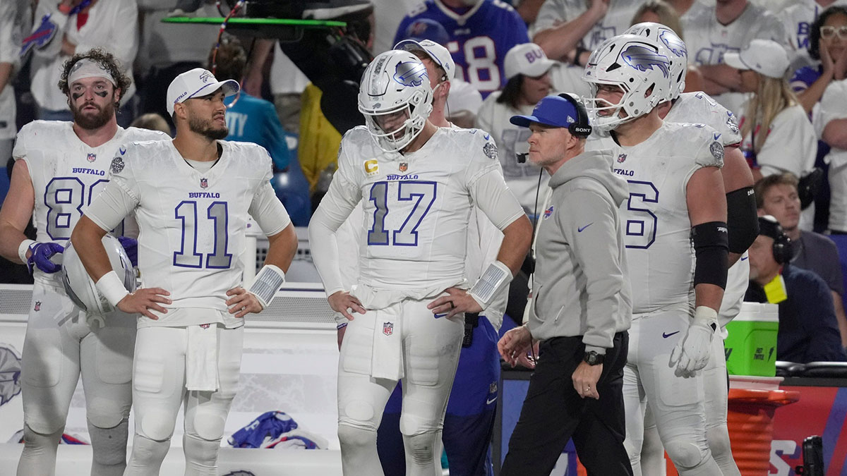 Buffalo Bills quarterback Mitchell Trubisky and Buffalo Bills quarterback Josh Allen react to the Patriots field goal leaving them several seconds to try and tie or win during second half action at Highmark Stadium in Orchard Park on Oct. 5, 2025. Walking by is Buffalo Bills head coach Sean McDermott.