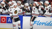 Chicago Blackhawks center Ryan Donato (8) is congratulated after he scored a goal against the Tampa Bay Lightning during the third period at Benchmark International Arena.