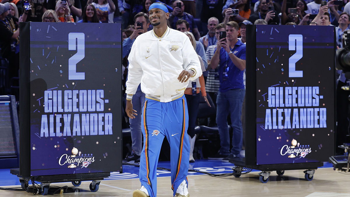 Thunder star SGA’s genuine reaction to NBA championship banner is pure gold