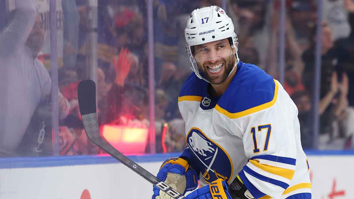 Buffalo Sabres left wing Jason Zucker (17) reacts after scoring his second goal of the game against the Ottawa Senators at KeyBank Center.