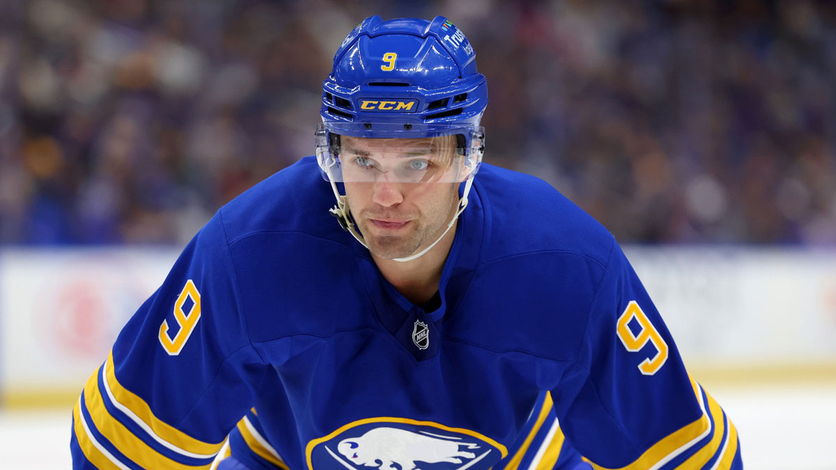 Buffalo Sabres center Josh Norris (9) waits for the face-off during the first period against the New York Rangers at KeyBank Center.