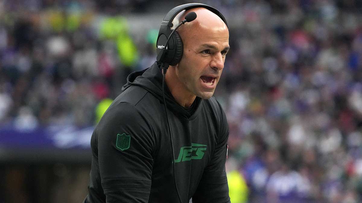 New York Jets coach Robert Saleh reacts against the Minnesota Vikings in the first half at Tottenham Hotspur Stadium.