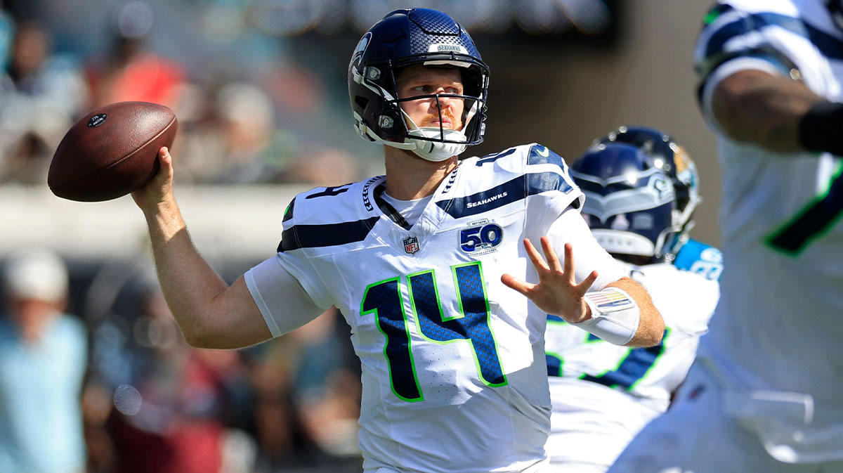 Seattle Seahawks quarterback Sam Darnold (14) looks to pass during the third quarter of an NFL football matchup, Sunday, Oct. 12, 2025, at EverBank Stadium in Jacksonville, Fla. The Seahawks defeated the Jaguars 20-12.