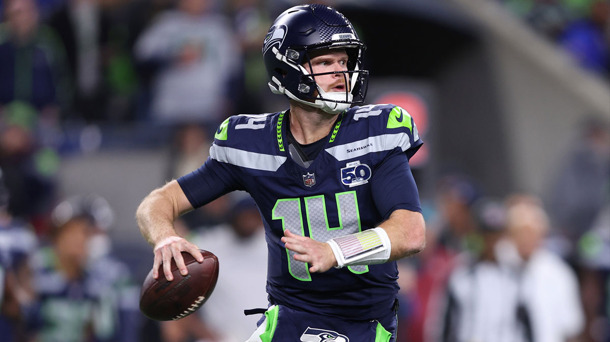 Seattle Seahawks quarterback Sam Darnold (14) looks to throw a pass during the second quarter against the Houston Texans at Lumen Field.