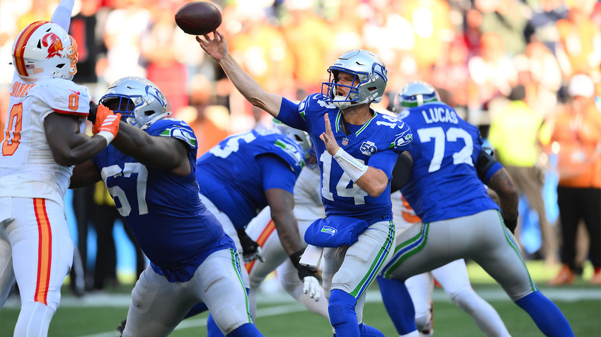 Seattle Seahawks quarterback Sam Darnold (14) throws downfield against the Tampa Bay Buccaneers during the second half at Lumen Field.