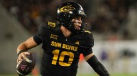 Arizona State Sun Devils quarterback Sam Leavitt (10) looks to pass against TCU Horned Frogs in the second half at Mountain America Stadium, Home of the ASU Sun Devils.