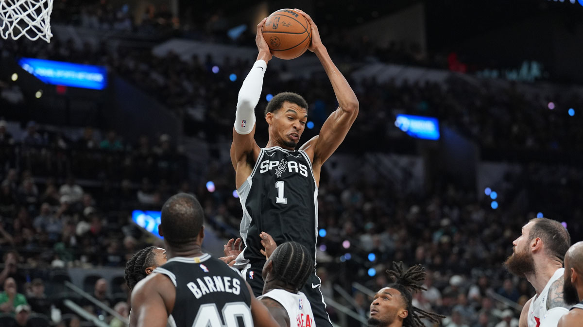 San Antonio Spurs forward/center Victor Wembanyama (1) rebounds in the first half against the Toronto Raptors at Frost Bank Center.