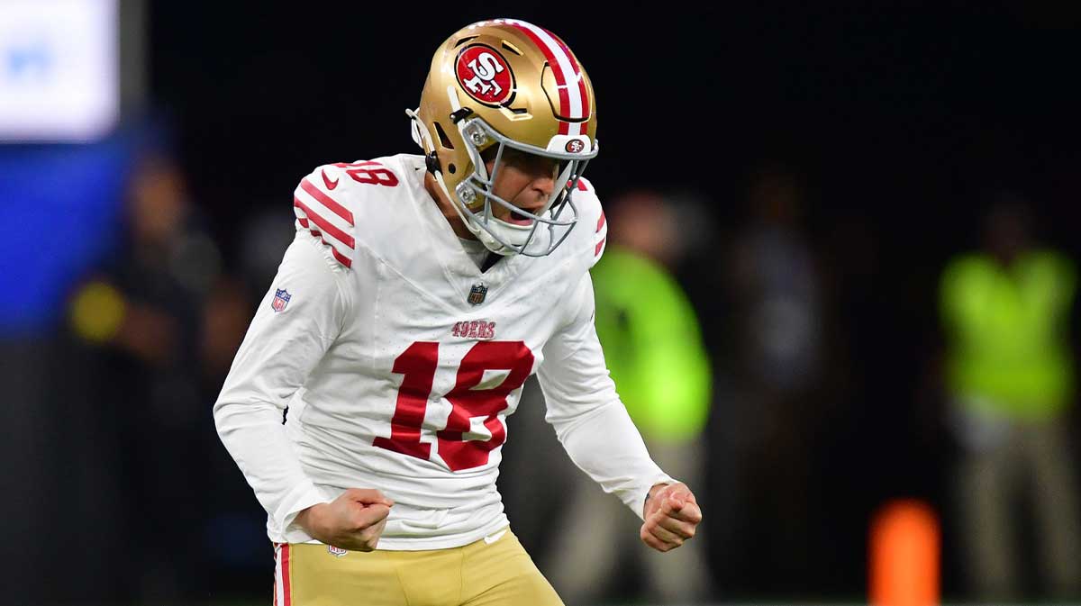 San Francisco 49ers placekicker Eddie Pineiro (18) reacts after making a 59 yard field goal against the Los Angeles Rams