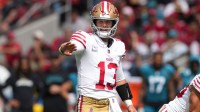 San Francisco 49ers quarterback Brock Purdy (13) gestures during the first quarter against the Jacksonville Jaguars at Levi's Stadium.
