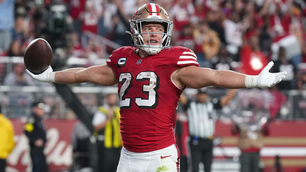 San Francisco 49ers running back Christian McCaffrey (23) celebrates after a touchdown during the second quarter against the Atlanta Falcons at Levi's Stadium. Mandatory Credit: Kyle Terada-Imagn Images