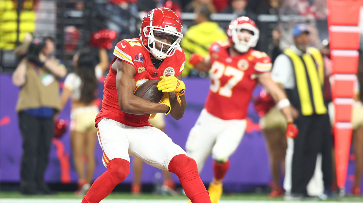 Kansas City Chiefs wide receiver Marquez Valdes-Scantling (11) catches a touchdown pass against the San Francisco 49ers in the second half in Super Bowl LVIII at Allegiant Stadium.