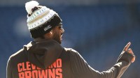 Cleveland Browns quarterback Shedeur Sanders (12) looks on during warm up prior to the game against the New England Patriots at Gillette Stadium.