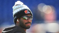 Cleveland Browns quarterback Shedeur Sanders (12) looks on during warm up prior to the game against the New England Patriots at Gillette Stadium