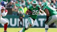 Philadelphia Eagles running back Saquon Barkley (26) runs against the New York Giants in the second quarter at Lincoln Financial Field.