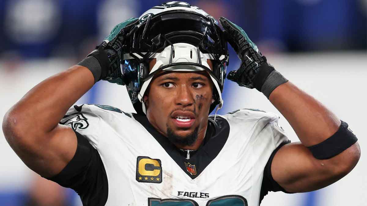 Oct 9, 2025; East Rutherford, New Jersey, USA; Philadelphia Eagles running back Saquon Barkley (26) looks on during the second quarter of the game against the New York Giants at MetLife Stadium. Mandatory Credit: