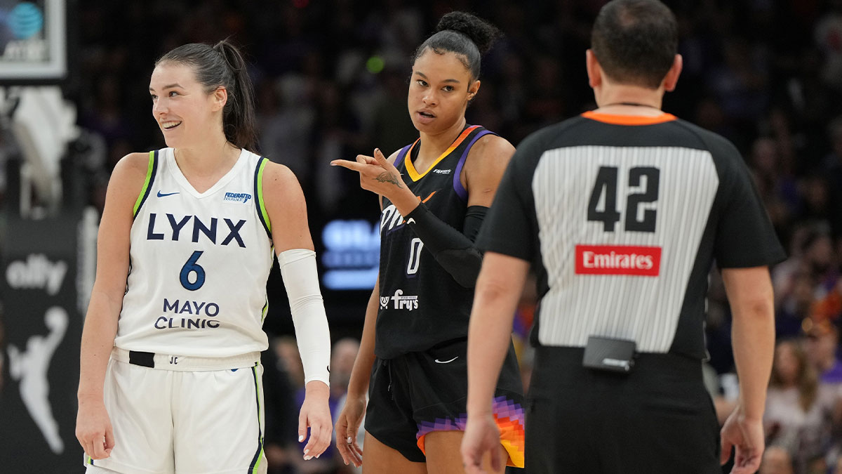 Minnesota Lynx forward Bridget Carleton (6) and Phoenix Mercury forward Satou Sabally (0) have words in the second half during game four of the second round for the 2025 WNBA Playoffs at PHX Arena. 