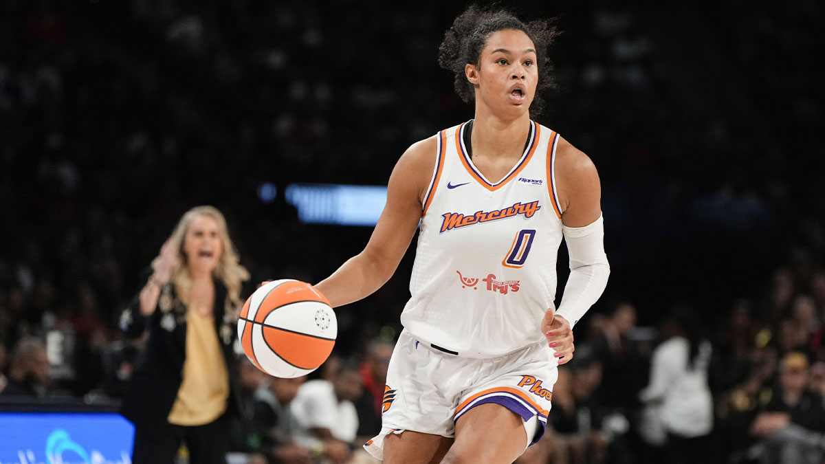 Phoenix Mercury forward Satou Sabally (0) dribbles the ball against the Las Vegas Aces during the second quarter of game two of the 2025 WNBA Finals at Michelob Ultra Arena.