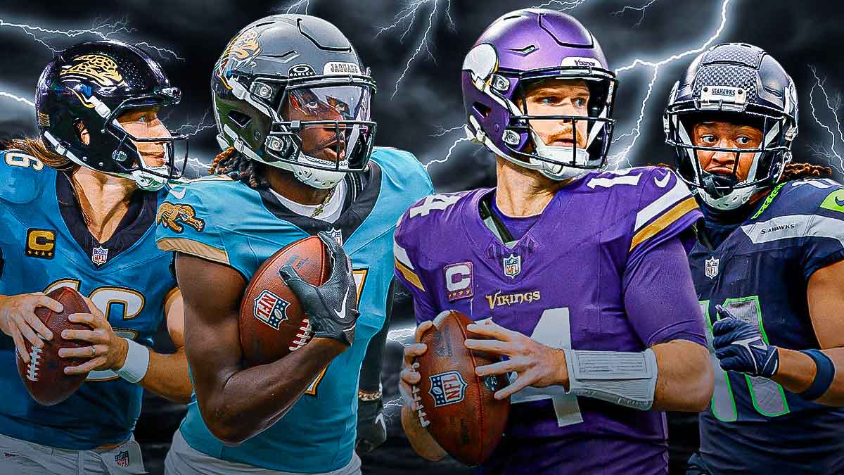 Trevor Lawrence, Brian Thomas Jr on one side, Sam Darnold, Jaxon Smith-Njigba on the other side, Lightning in the background