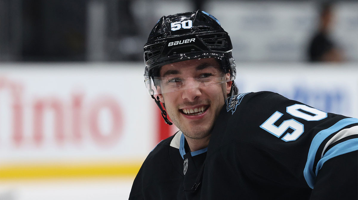 tah Hockey Club defenseman Sean Durzi warms up before a game against the Los Angeles Kings at Delta Center.
