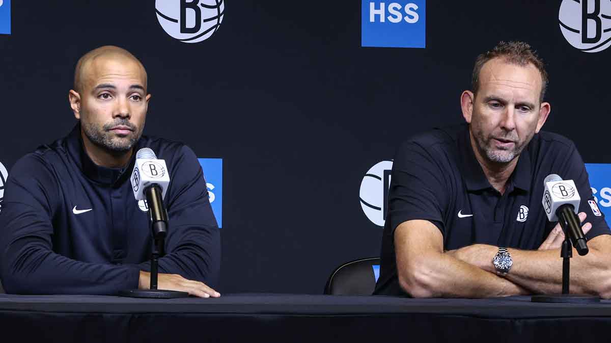 Brooklyn Nets head coach Jordi Fernandez (l) and general manager Sean Marks (r) speak at Media Day.