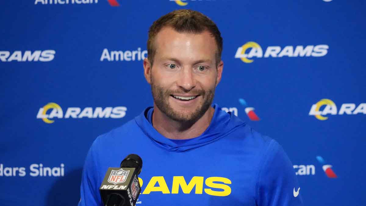 Los Angeles Rams head coach Sean McVay at a press conference after a NFL International Series game against the Jacksonville Jaguars at Wembley Stadium.