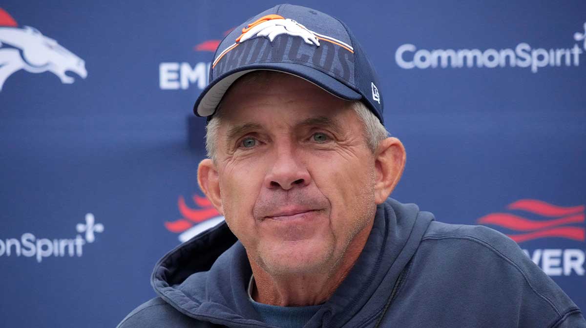 Denver Broncos head coach Sean Payton speaks to media at press conference at the Hanbury Manor.
