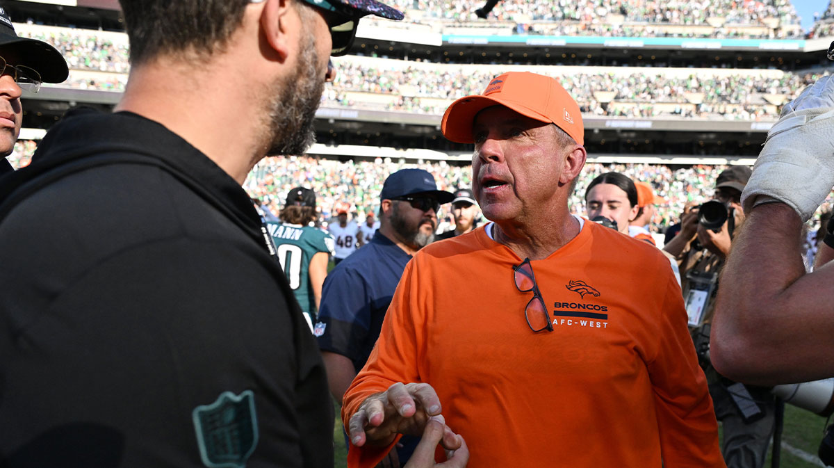 Philadelphia Eagles head coach Nick Sirianni and Denver Broncos head coach Sean Payton shake hands after the game at Lincoln Financial Field.