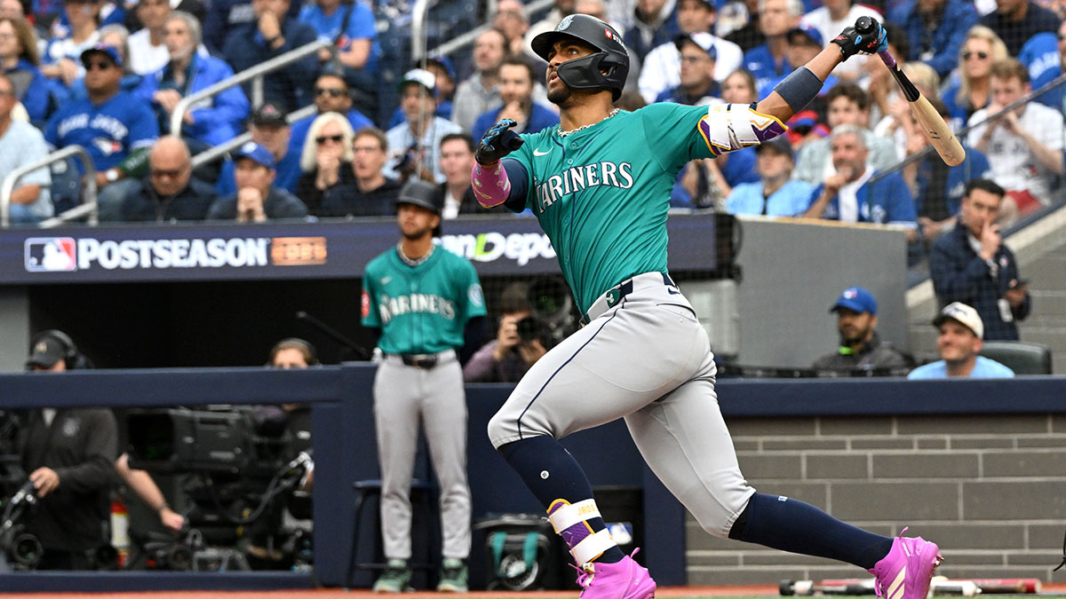 Seattle Mariners center fielder Julio Rodriguez (44) hits a three run home run against the Toronto Blue Jays in the first inning during game two of the ALCS round for the 2025 MLB playoffs at Rogers Centre.