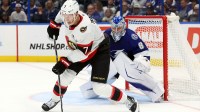 Ottawa Senators left wing Brady Tkachuk (7) skates with the puck in front of Tampa Bay Lightning goaltender Andrei Vasilevskiy (88) during the second period at Benchmark International Arena.