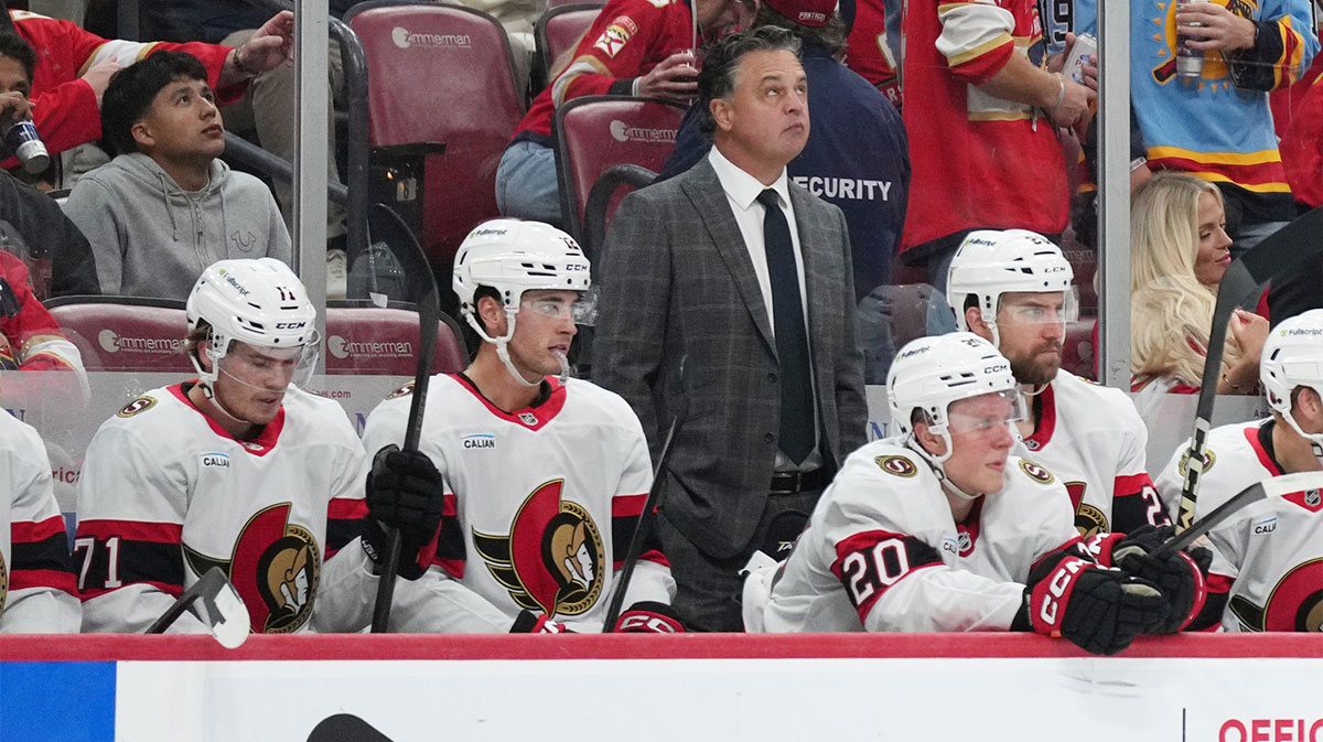 Ottawa Senators head coach Travis green looks on during the second period against the Florida Panthers at Amerant Bank Arena.