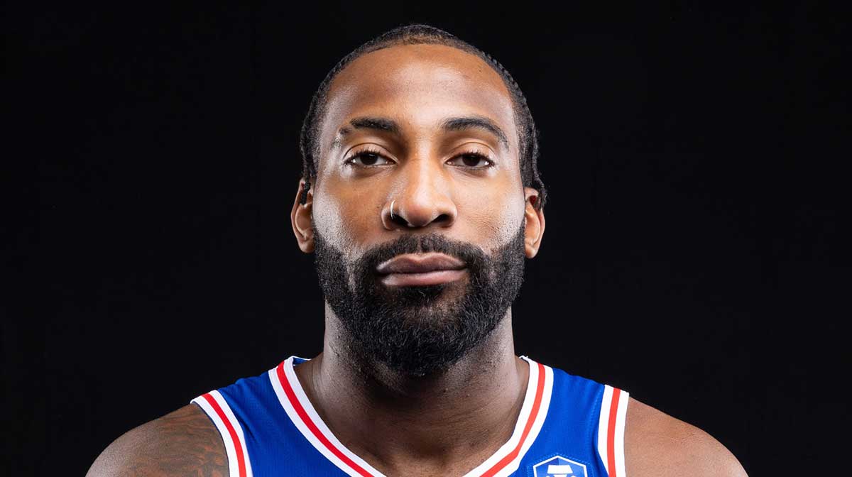 Philadelphia 76ers center Andre Drummond (1) poses for a photo during media day. Mandatory Credit: Bill Streicher-Imagn Images
