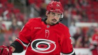 Carolina Hurricanes center Seth Jarvis (24) skates during the warmups before the game against the New York Islanders at Lenovo Center.