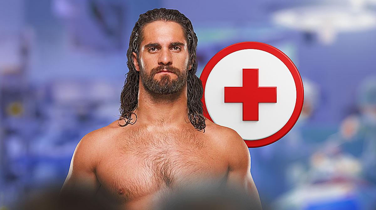 WWE star Seth Rollins, who just had surgery for his injury, with medical plus symbol.