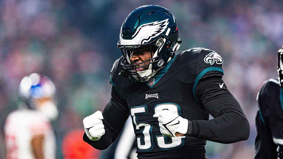 Dec 25, 2023; Philadelphia, Pennsylvania, USA; Philadelphia Eagles linebacker Shaquille Leonard (53) reacts after a defensive stop against the New York Giants during the first quarter at Lincoln Financial Field.
