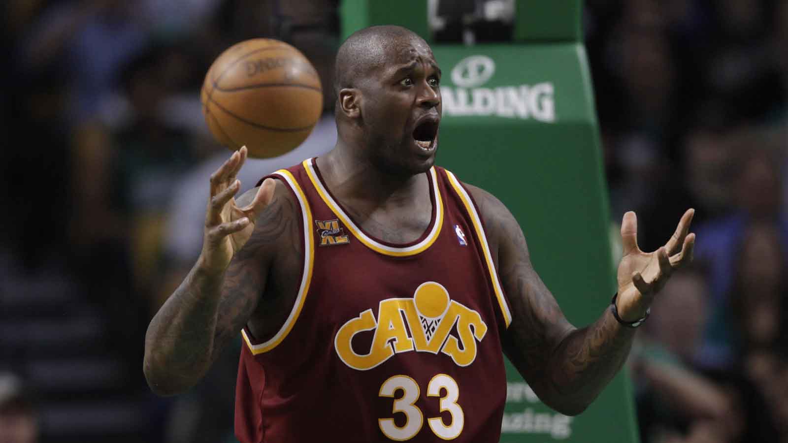 Cleveland Cavaliers center Shaquille O'Neal (33) reacts to a call as they take on the Boston Celtics during the second half in game four of the eastern conference semifinals in the 2010 NBA playoffs at the TD Garden. The Celtics defeated the Cavaliers 97-87. 