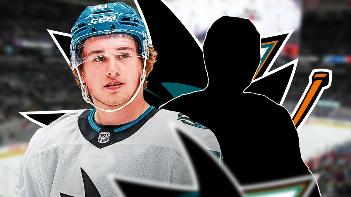 Macklin Celebrini with a mystery player and the Sharks logo in the background.