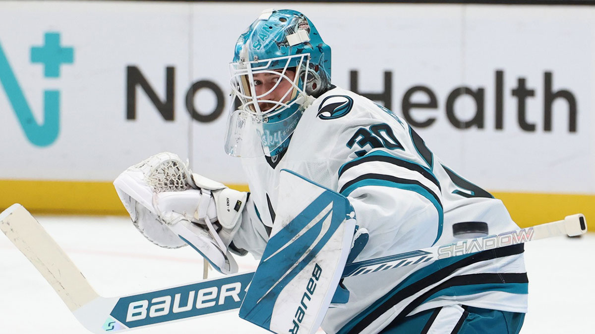 San Jose Sharks goaltender Yaroslav Askarov (30) warms up before a game against the Utah Mammoth at Delta Center.