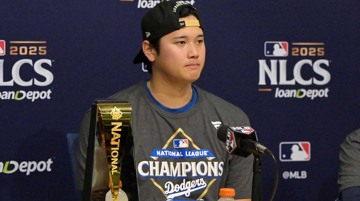 Los Angeles Dodgers two-way player Shohei Ohtani (17) speaks at a press conference after defeating the Milwaukee Brewers in game four of the NLCS round for the 2025 MLB playoffs at Dodger Stadium.