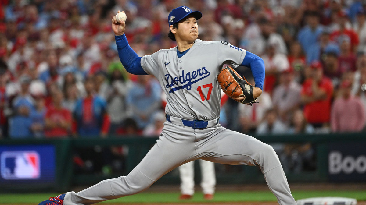 Los Angeles Dodgers two-way player Shohei Ohtani (17) pitches against the Philadelphia Phillies in the first inning during game one of the NLDS round for the 2025 MLB playoffs at Citizens Bank Park.