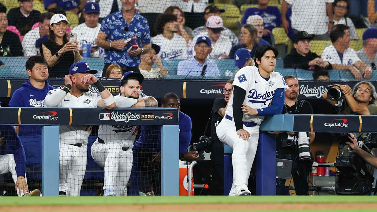 Los Angeles Dodgers two-way player Shohei Ohtani (17) looks on after the game against the Toronto Blue Jays during game five of the 2025 MLB World Series at Dodger Stadium.