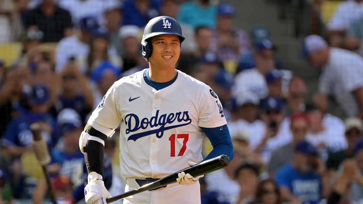 Los Angeles Dodgers designated hitter Shohei Ohtani (17) prepares to bat in the first inning against the Philadelphia Phillies during game four of the NLDS round for the 2025 MLB playoffs at Dodger Stadium.