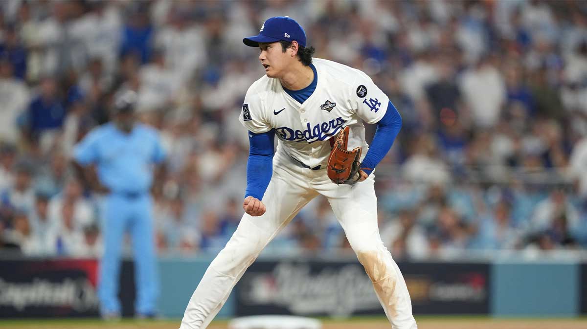 Los Angeles Dodgers two-way player Shohei Ohtani (17) reacts in the fourth inning against the Toronto Blue Jays during game four of the 2025 MLB World Series at Dodger Stadium.