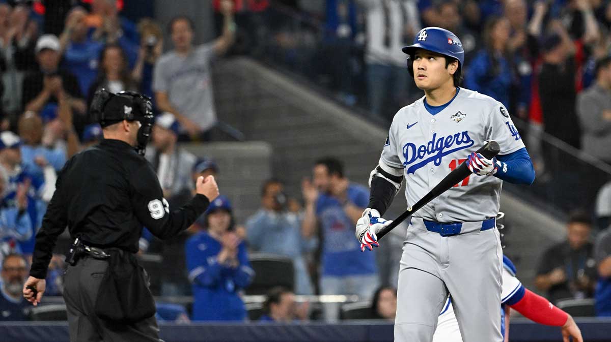 Los Angeles Dodgers designated hitter Shohei Ohtani (17) reacts to striking out against the Toronto Blue Jays in the first inning during game one of the 2025 MLB World Series at Rogers Centre.